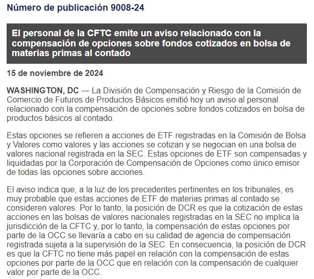 Documento de la CFTC sobre las opciones de  ETF de Bitcoin