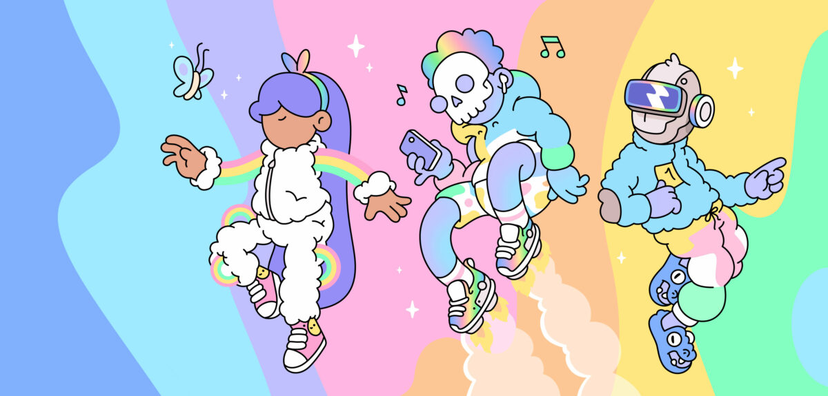 An assortment of Doodles 2 characters with equipped with OG wearables
