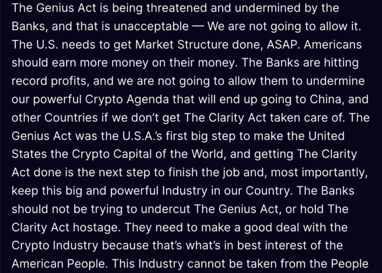 My Crypto Lawyer Sec News President Trump slams banks for blocking crypto bill progress